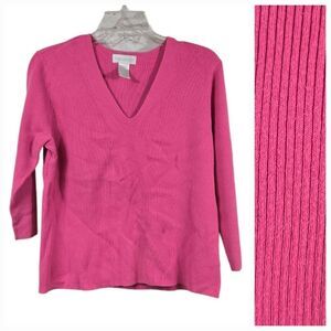 Worthington Hot Pink V-Neck Ribbed Sweater 3/4 Sleeve Pullover Women's L Winter
